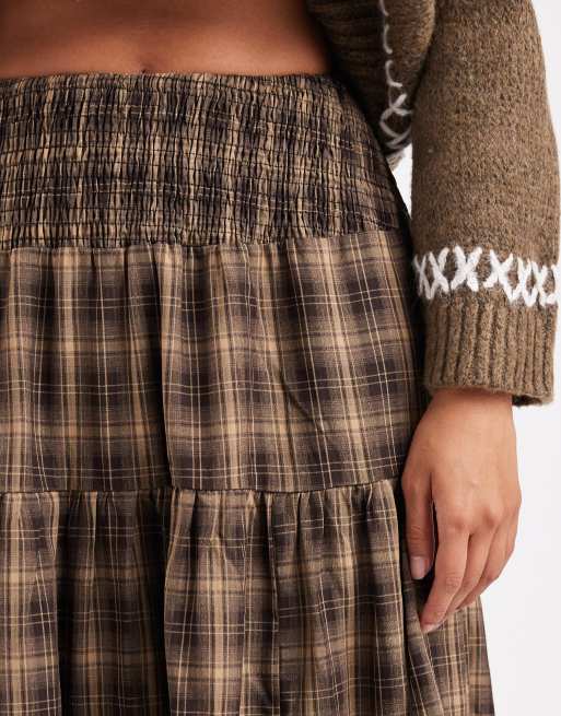 Daisy Street shirred tiered maxi skirt in brown check, 3 of 5