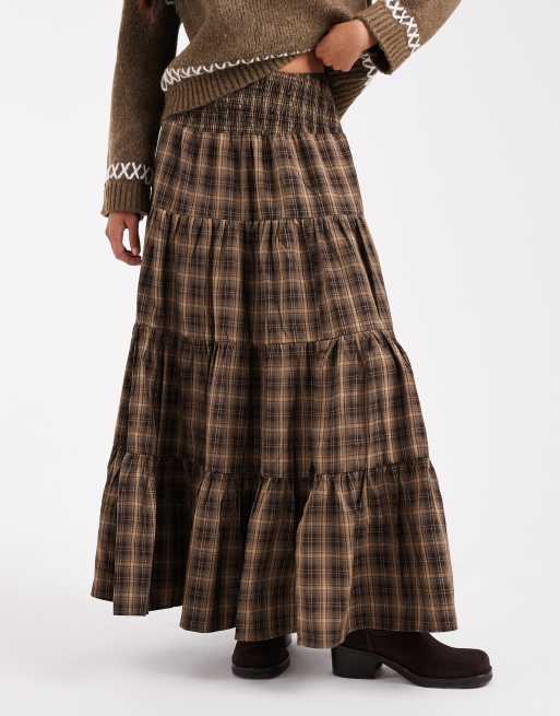 Daisy Street shirred tiered maxi skirt in brown check, 4 of 5