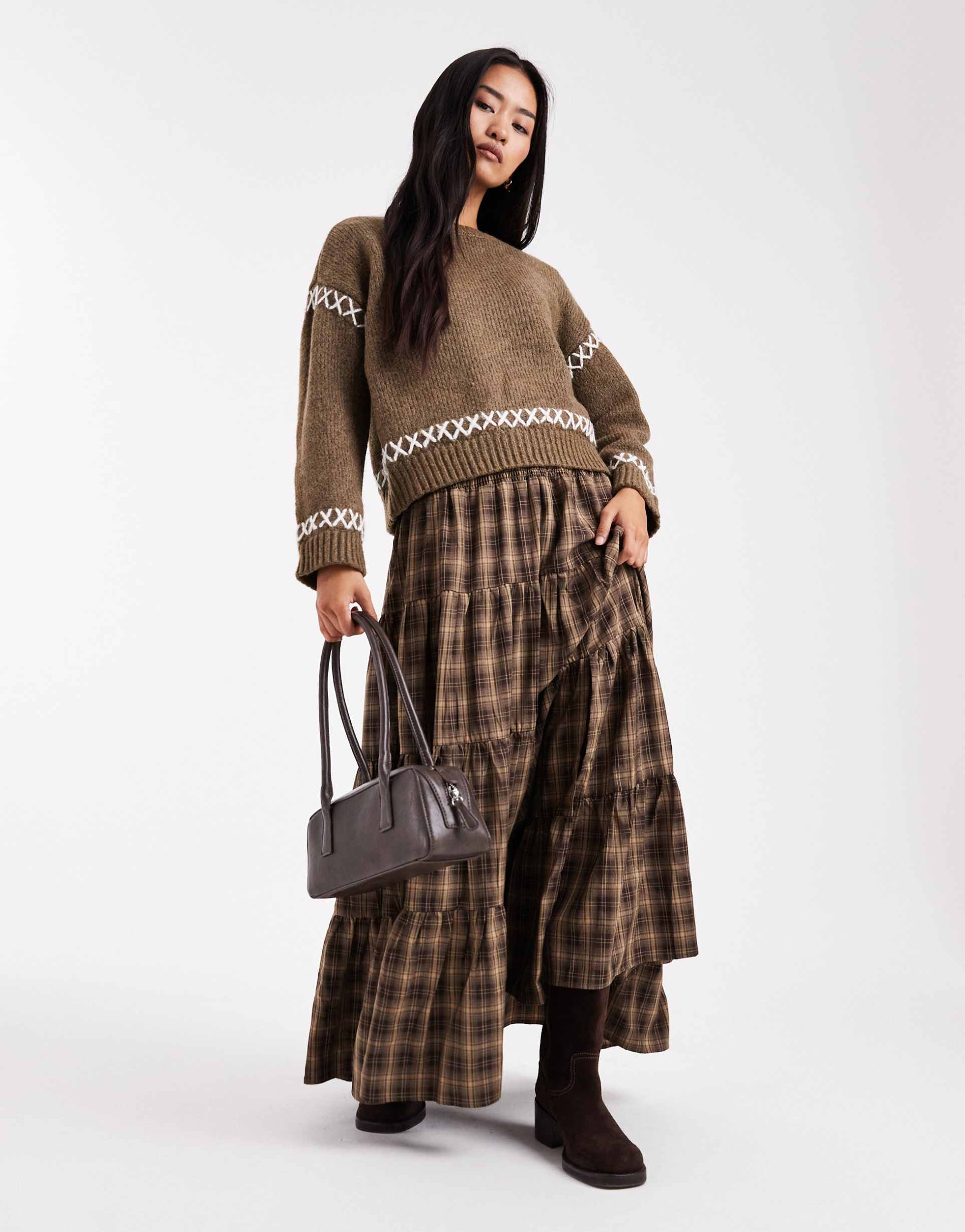 daisy street shirred tiered maxi skirt in brown plaid