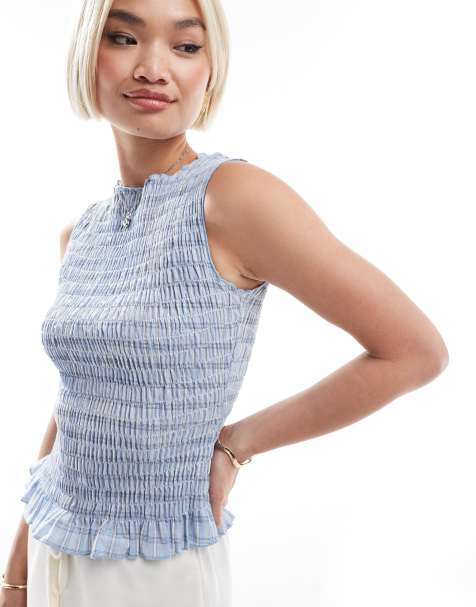 Daisy Street shirred top in blue check - view 1