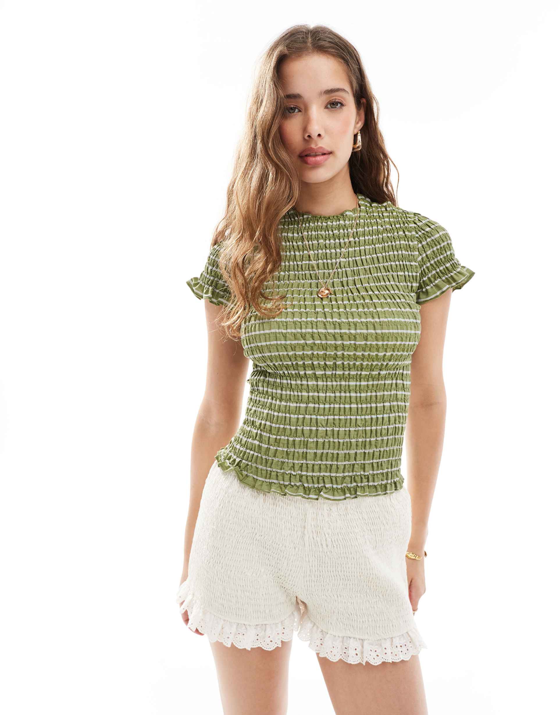 daisy street shirred top in dark olive stripe