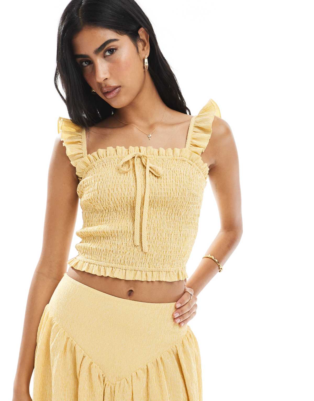 Daisy Street shirred top in yellow gingham co-ord