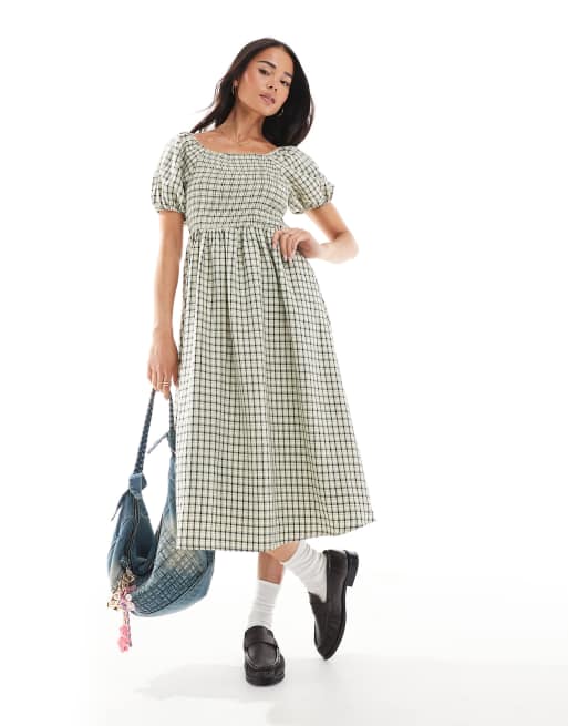 Daisy Street shirred top puff sleeve midi dress in yellow check