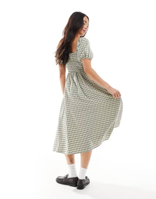 Daisy Street shirred top puff sleeve midi dress in yellow check