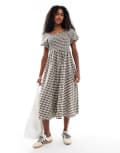 [Daisy Street] Daisy Street shirred top puff sleeve midi smock dress in brown burgundy check-Multi 8 Brown check