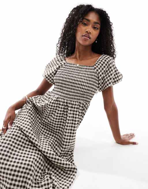 Daisy Street shirred top puff sleeve midi smock dress in brown