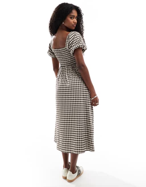 Daisy Street shirred top puff sleeve midi smock dress in brown burgundy gingham