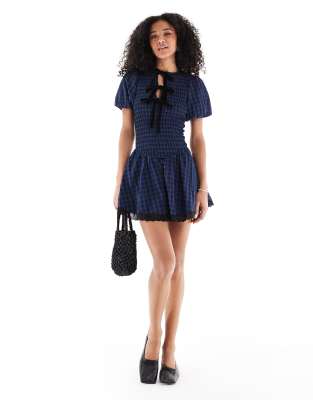 Daisy Street Shirred V Neck Mini Dress With Ties In Blue