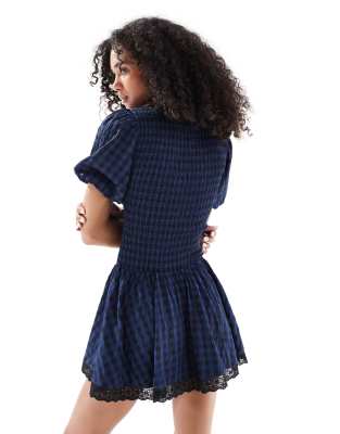 Daisy Street Shirred V Neck Mini Dress With Ties In Blue