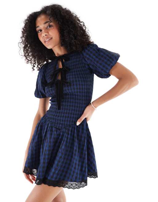 knee length dresses for ladies Among My Swan Shirred Checked Mini Dress
