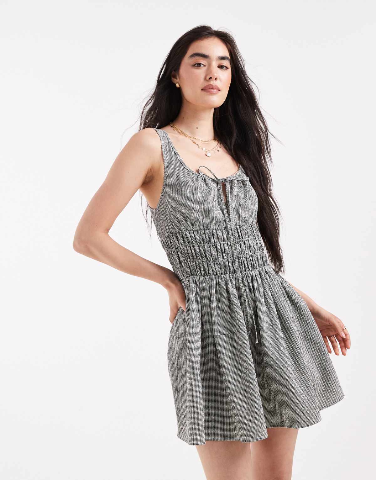 Daisy Street shirred waist detail mini dress in check gingham
