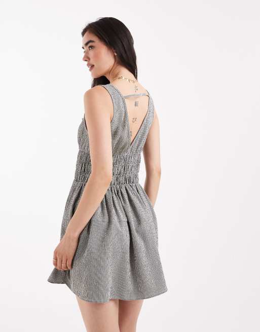 Daisy Street Shirred Waist Detail Mini Dress in Gingham plaid-Multi