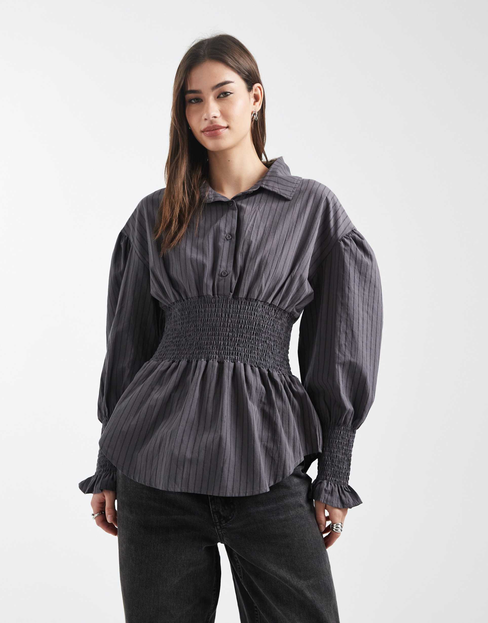 daisy street shirred waist shirt in gray and black stripes
