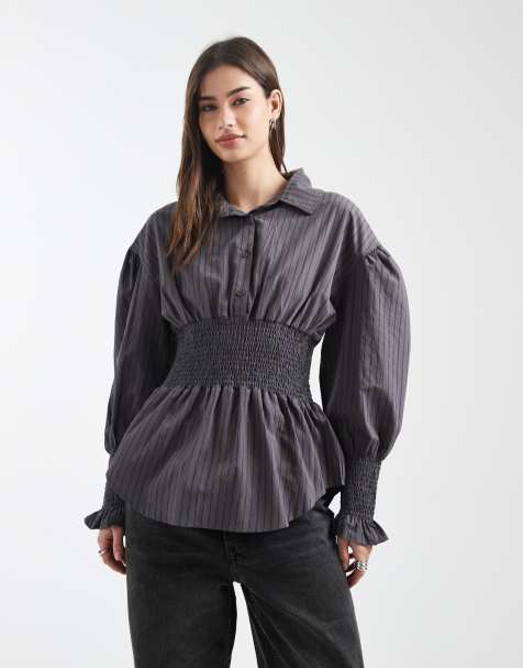 Daisy Street shirred waist shirt in grey black stripe - view 1
