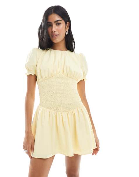 Daisy Street shirred waist short sleeve mini skater dress in yellow - view 1