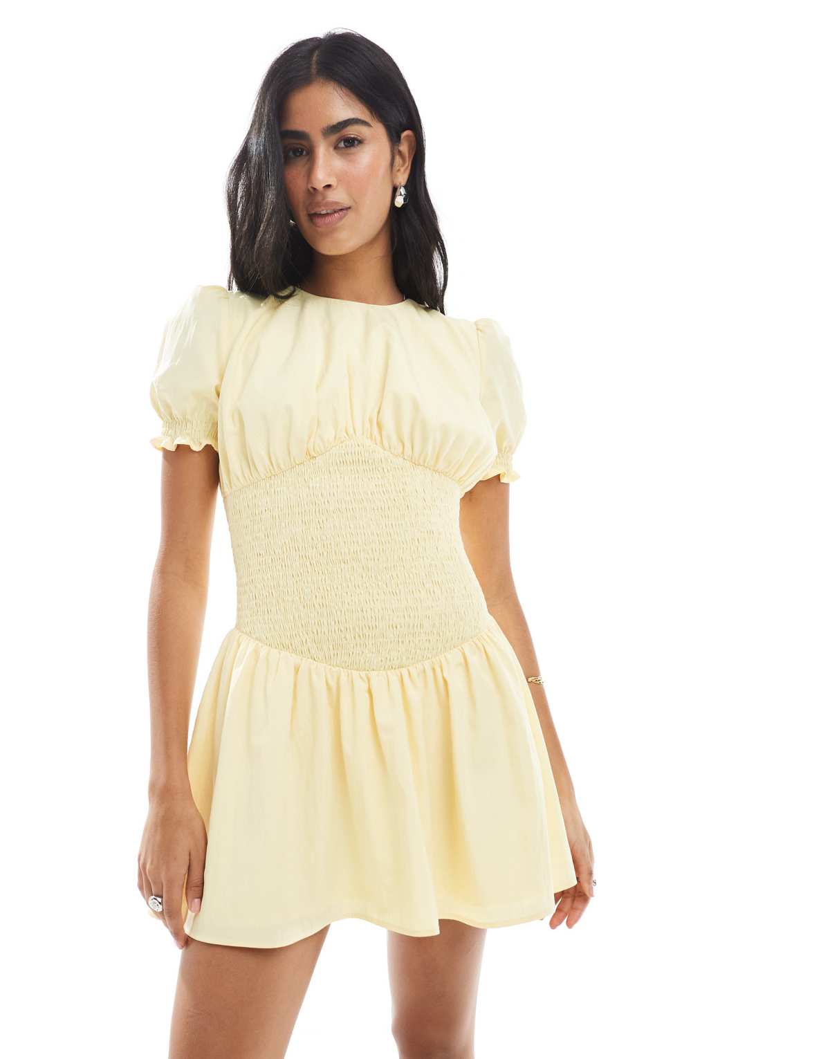 Daisy Street shirred waist short sleeve mini skater dress in yellow