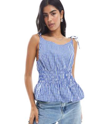 Daisy Street shirred waist sleeveless top in blue gingham - view 1