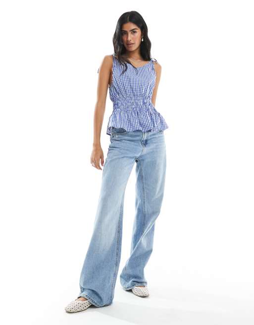 Daisy Street shirred waist sleeveless top in blue gingham, 2 of 4