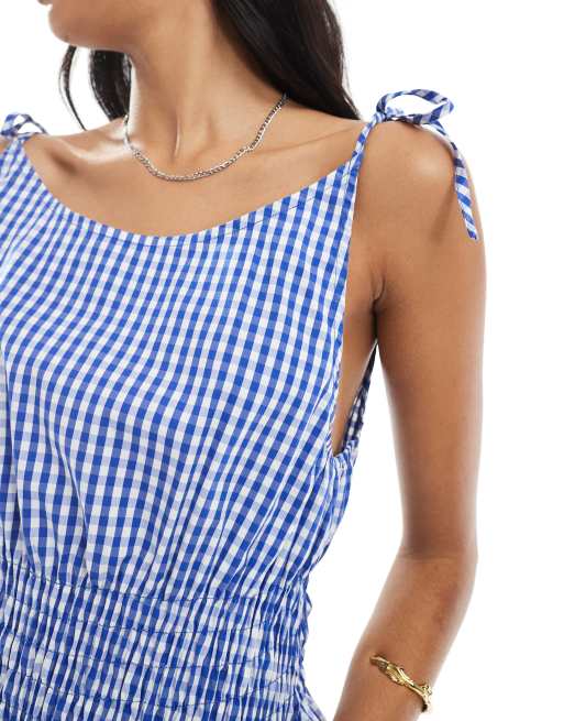 Daisy Street shirred waist sleeveless top in blue gingham, 3 of 4
