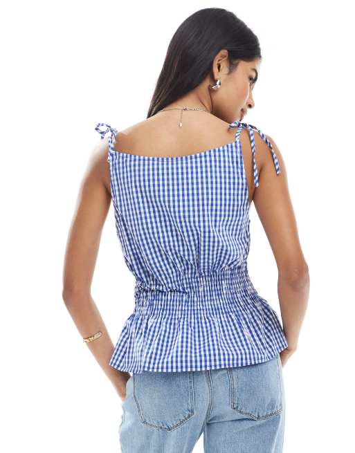 Daisy Street shirred waist sleeveless top in blue gingham, 4 of 4