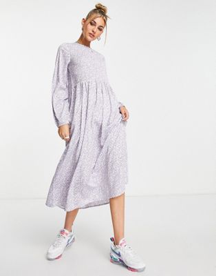 Daisy Street shirring detail smock midi dress in lilac floral