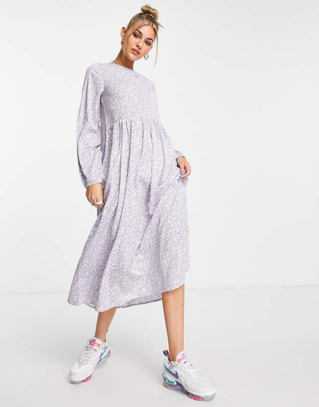 Daisy Street - shirring detail smock midi dress in lilac floral