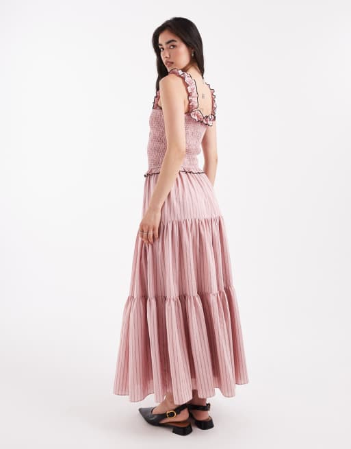 Daisy Street shirrred bodice and ruffle strap maxi dress in pink stripe, 4 of 4