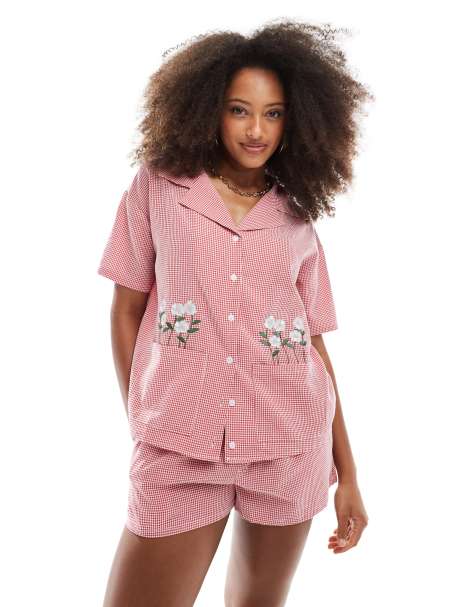 Daisy Street shirt with embroidery flowers in red gingham (part of a set) - view 1