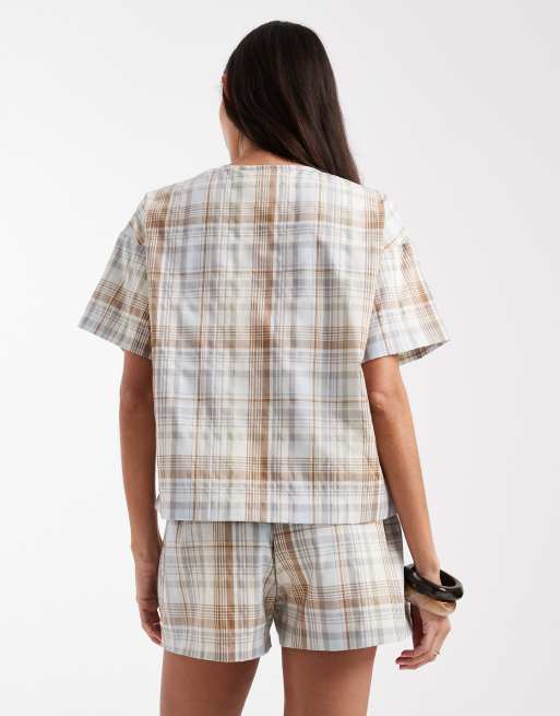 Daisy Street - Short d'ensemble taille basse coupe carrée à enfiler à carreaux - Marron et beige, 5 de 5