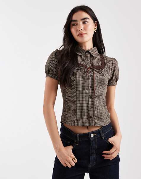 Daisy Street short puff sleeve blouse with ribbon detail in maple brown plaid - view 1