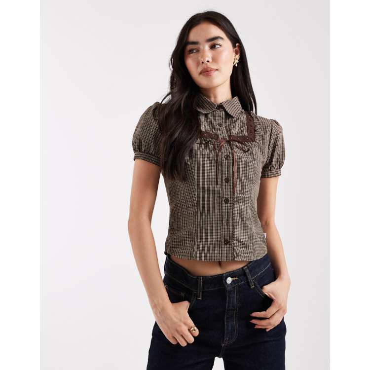 Daisy Street short puff sleeve blouse with ribbon detail in maple