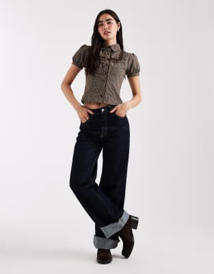 Daisy Street Short Puff Sleeve Blouse With Ribbon Detail In Gray