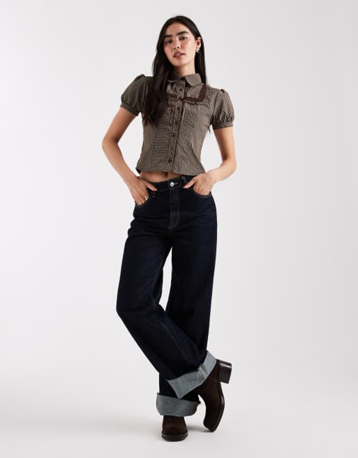 Daisy Street short puff sleeve blouse with ribbon detail in maple