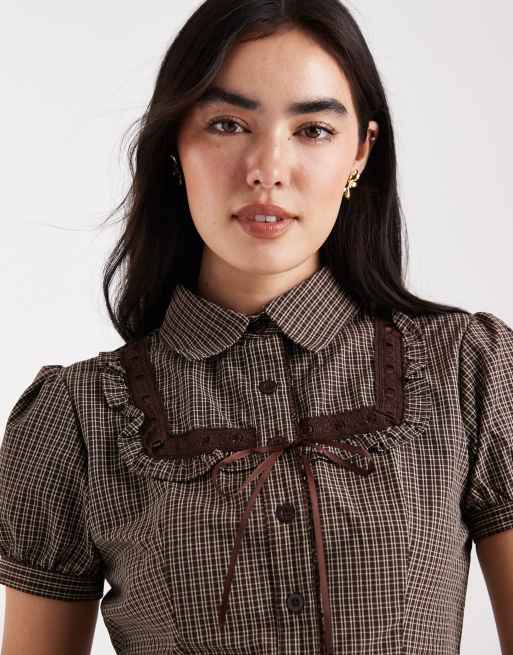 Daisy Street short puff sleeve blouse with ribbon detail in maple