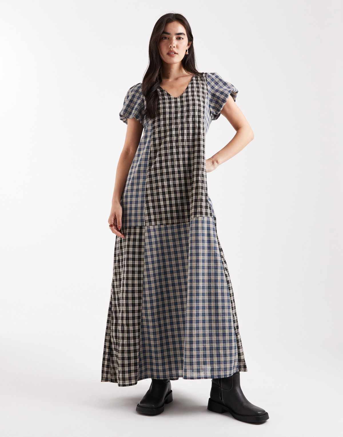 Daisy street short puff sleeve maxi dress in mixed check