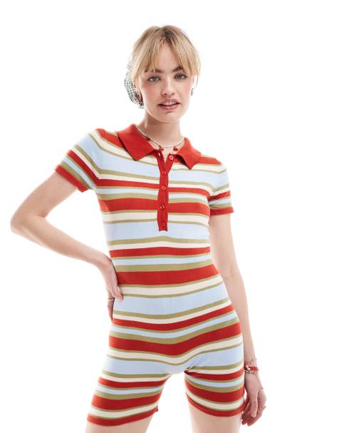 Daisy Street short sleeve button up knitted romper in multi stripe - view 1