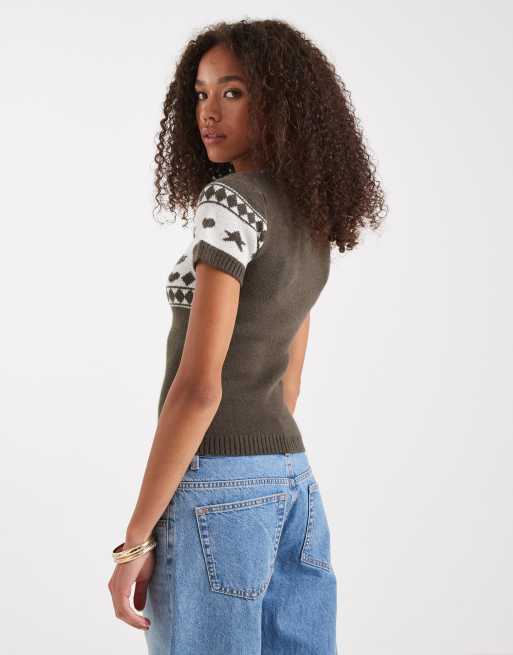 Daisy Street short sleeve knit top with swan graphic in gray, 2 of 4