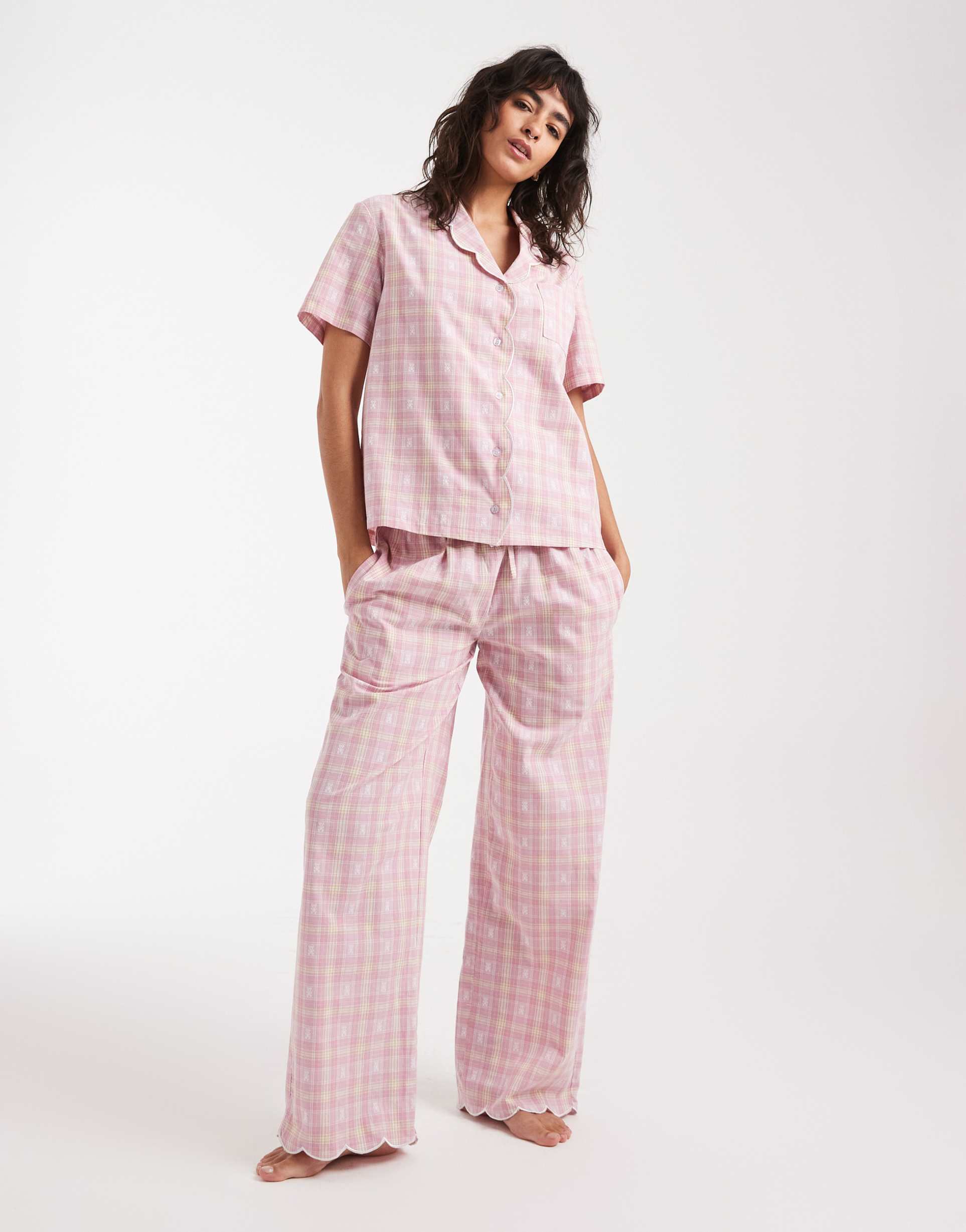 daisy street short sleeve pajama set in pink plaid