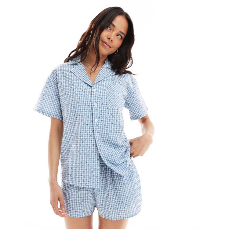 Daisy Street short sleeve pajama shirt with floral details in blue
