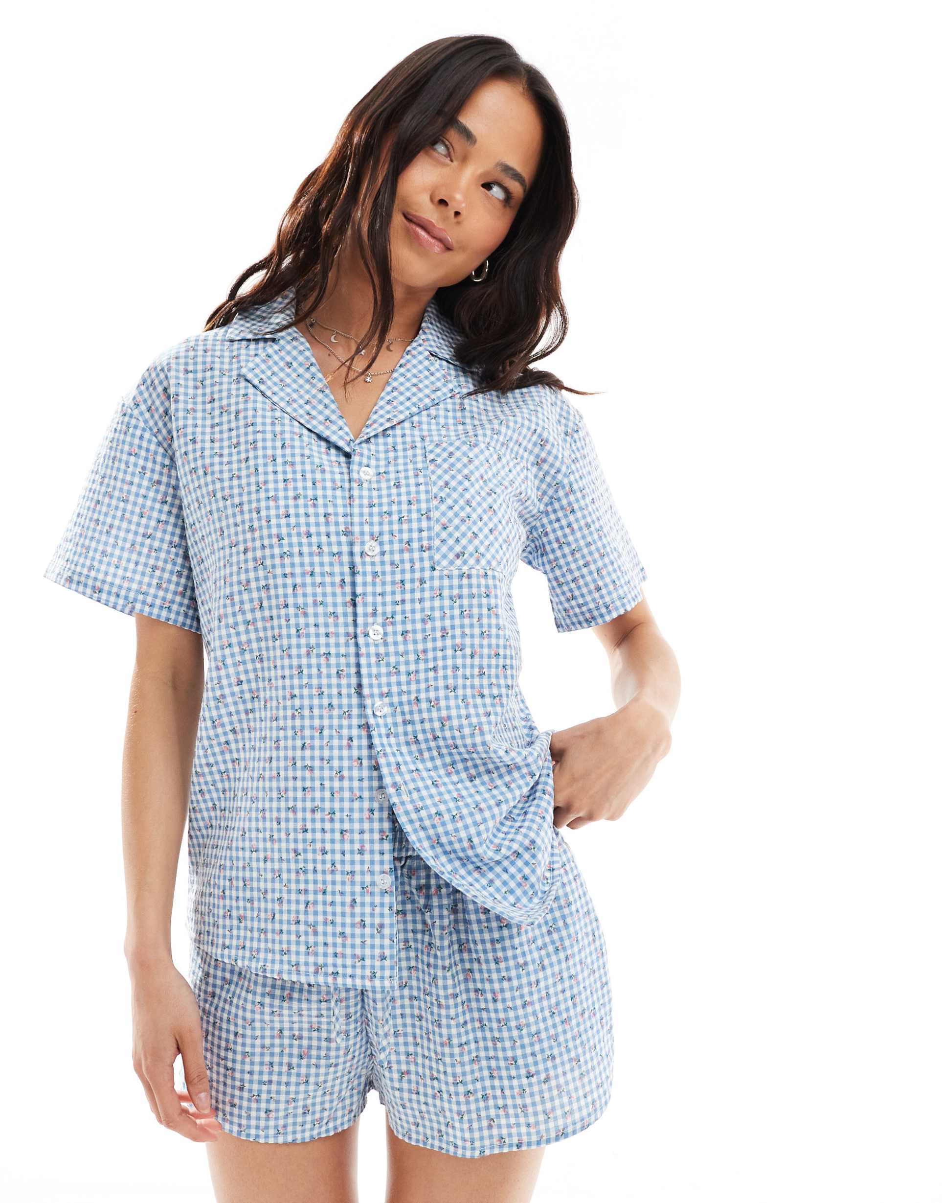 daisy street short sleeve pajama shirt with floral details in blue gingham