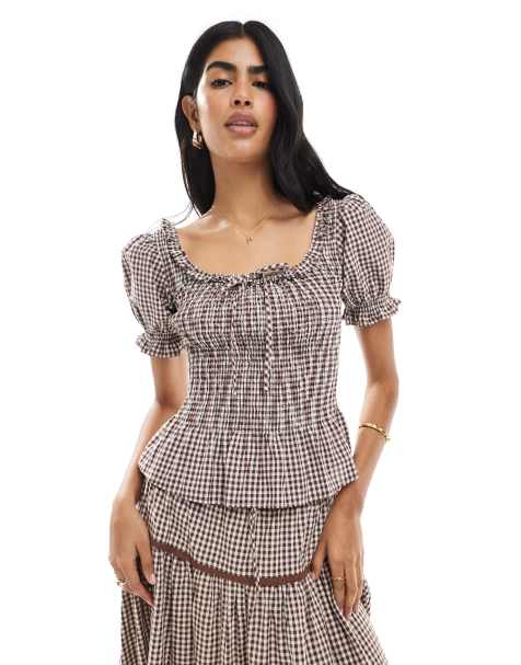 Daisy Street short sleeve shirred top in brown check co-ord - view 1