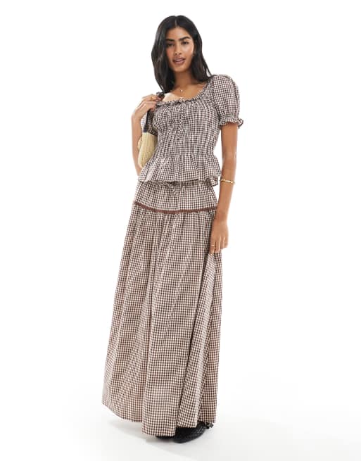Daisy Street short sleeve shirred top in brown check co-ord, 3 of 4