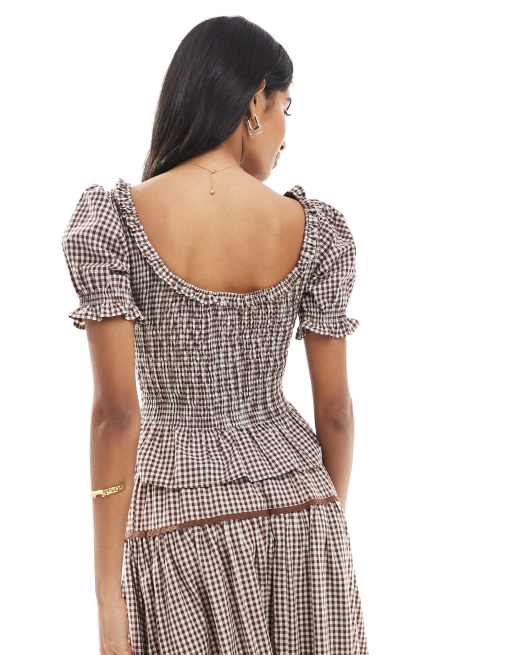 Daisy Street short sleeve shirred top in brown check co-ord, 4 of 4