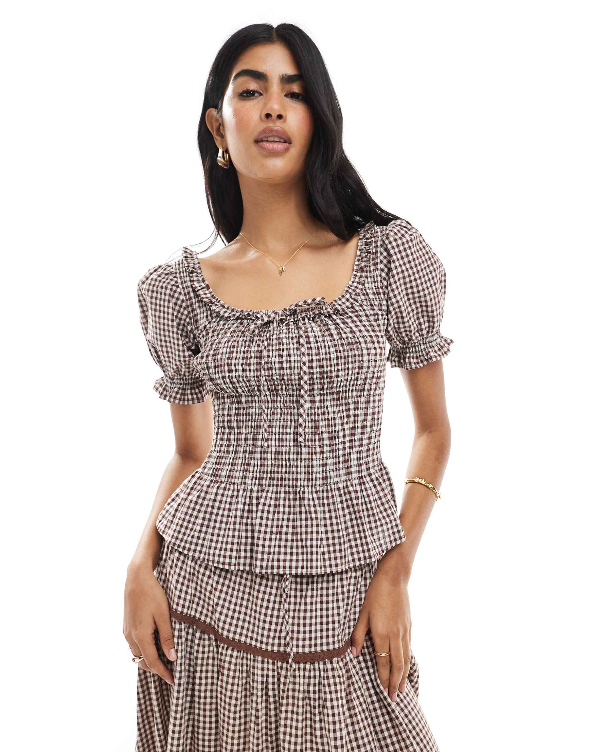 daisy street short sleeve shirred top in brown plaid - part of a set
