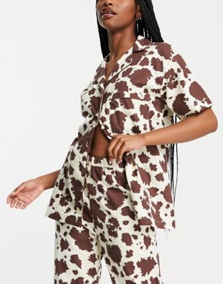 Daisy Street short sleeve shirt and pyjama bottoms with eye mask in cow print - ASOS Price Checker