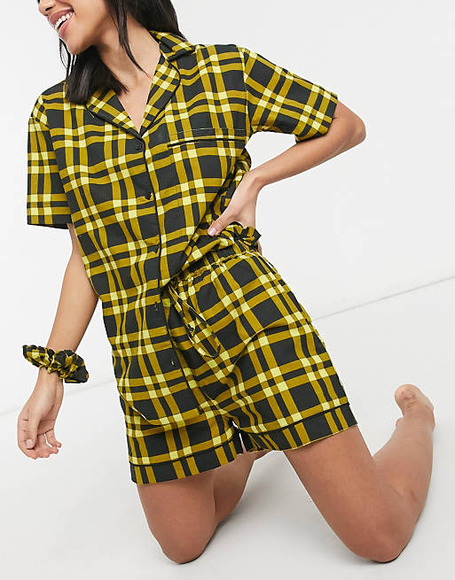 Daisy Street short sleeve shirt and shorts pyjama set with scrunchie in 90's check