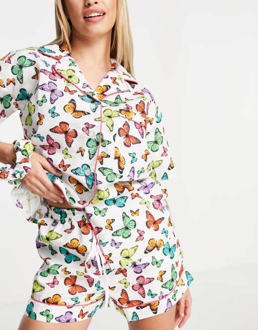 Daisy Street short sleeve shirt and shorts pyjama set with scrunchie in bright butterfly print, 4 of 4