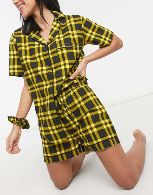 Daisy Street short-sleeved shirt and shorts pyjama set with scrunchie in 90s check