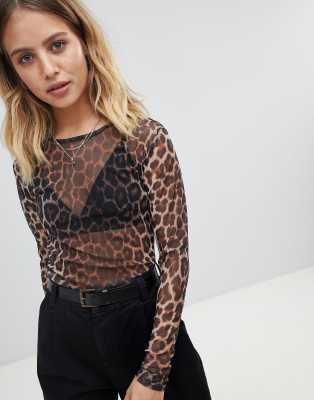 long sleeve mesh leopard print top