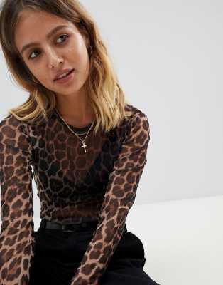 long sleeve mesh leopard print top